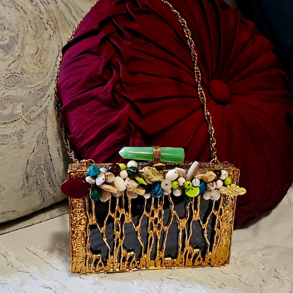 Ramla Zeina Gold And Green Embellished Handmade Bag